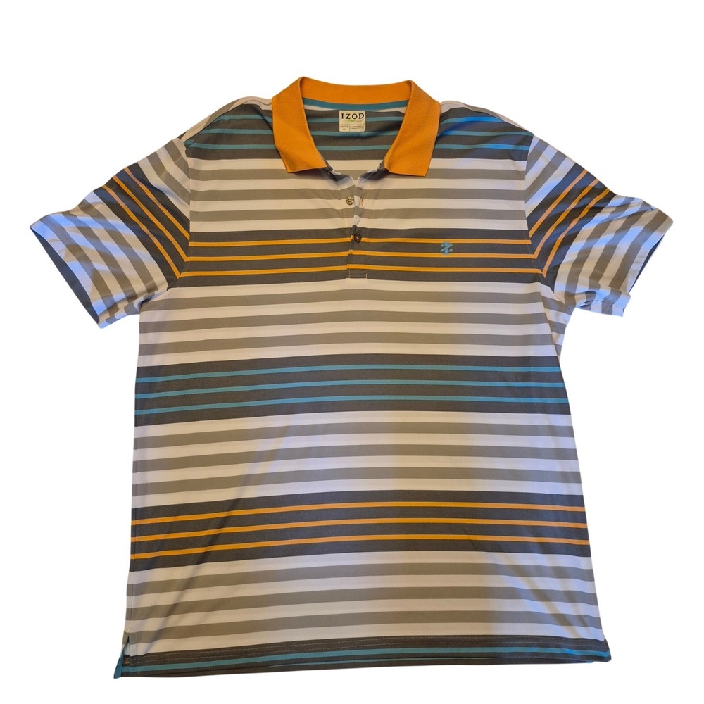 IZOD Golf Polo Shirt XXL Striped Performance Short Sleeve Polyester Grey Orange